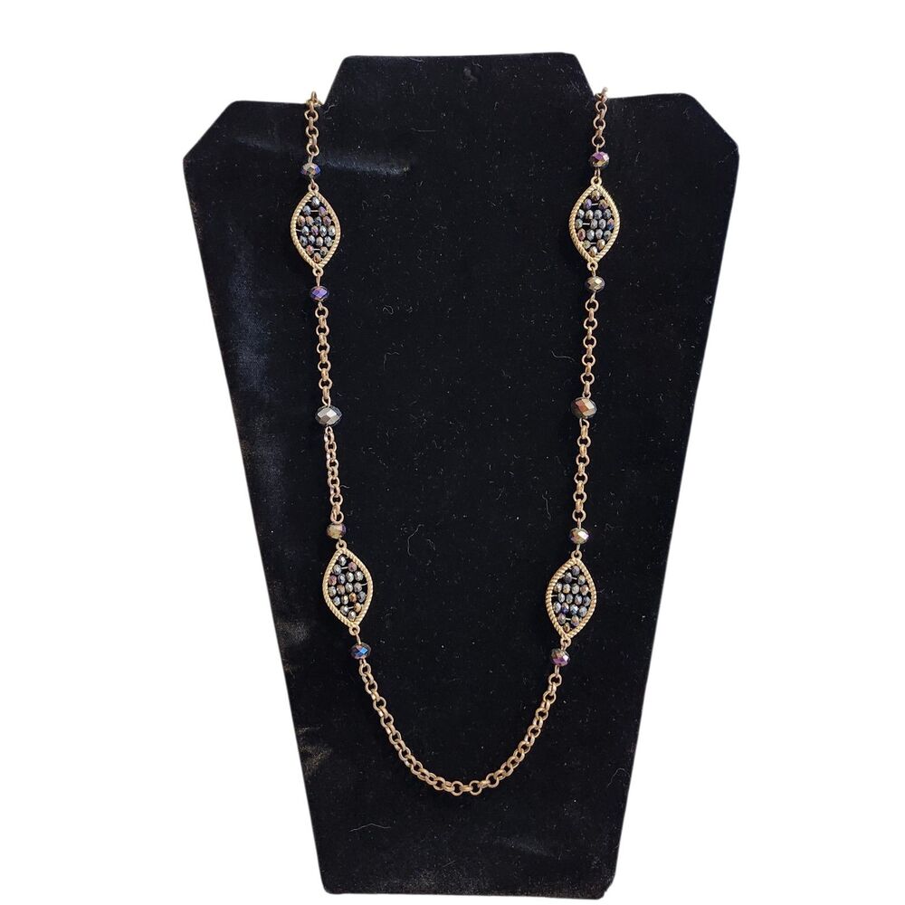 Bronze Toned Rolo Chain Dark Purple Beaded Pendants 34" Long Necklace